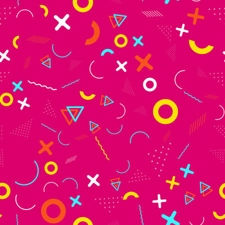 Seamless vector pattern in memphis style. Bright creative texture with geometric shapes in the style of the 80-90sのイラスト素材