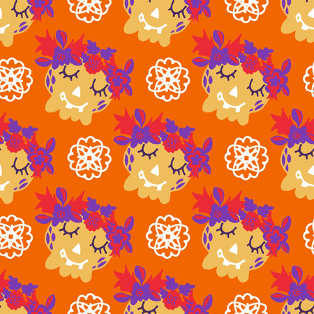 Seamless pattern with cartoon style skulls and flowers for the Day of the Dead in Mexico. Vector textureのイラスト素材