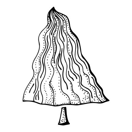 Stylized Christmas tree hand drawn in doodle style. Black and white clip-art isolated on white background.のイラスト素材