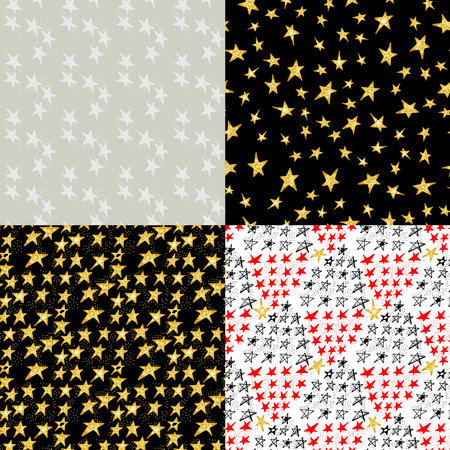 Set of seamless textures with hand drawn doodle stars. Christmas patterns for holiday wrapping paperのイラスト素材