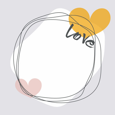 Background, white frame with minimalistic elements, hearts and the inscription love. Vector illustration for Valentines Day card, wedding invitationのイラスト素材