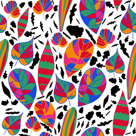 Seamless pattern with black spots and leaves. Bright multicolored botanical texture. Vector ornament...