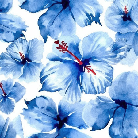 Watercolor blue hibiscus on a white background. Floral pattern. Background with tropical flowers for hibiscus drink packaging. Generative aiの素材