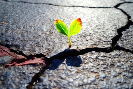 Young plant growing on cracked ground. Concept of global warming and climate change. Generative AI.の素材