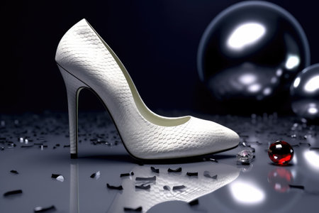 Women's shoe with a heel made of white snakeskin. Illustration for shoe advertising banner. Generative AI.の素材