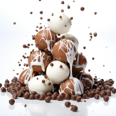 Candy balls of milk and white chocolate. Confectionery sweetness. Generative AI.の素材