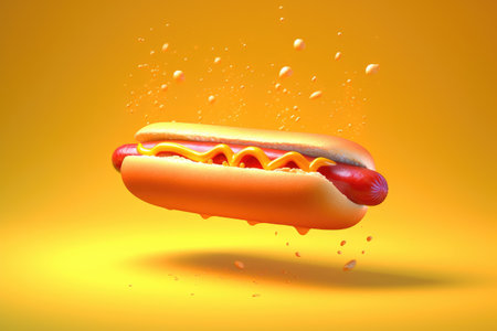 Delicious fresh juicy hot dog in cartoon style. Fast food menu design, street food. Generative AI.の素材