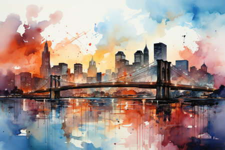 Watercolor night Brooklyn Bridge in New York. urban landscape. Generative AI.の素材