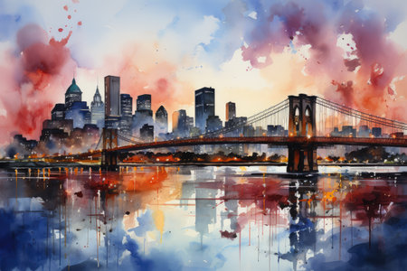 Watercolor night Brooklyn Bridge in New York. urban landscape. Generative AI.の素材