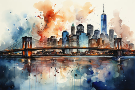 Watercolor night Brooklyn Bridge in New York. urban landscape. Generative AI.の素材