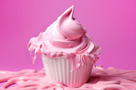 Pink ice cream in a waffle cone with bubble gum flavor. Delicious summer dessert. Generative AI.の素材