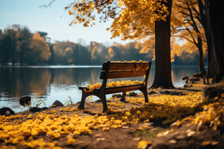 Wooden bench by the lake in the autumn park. advertising banner. Generative AI.の素材