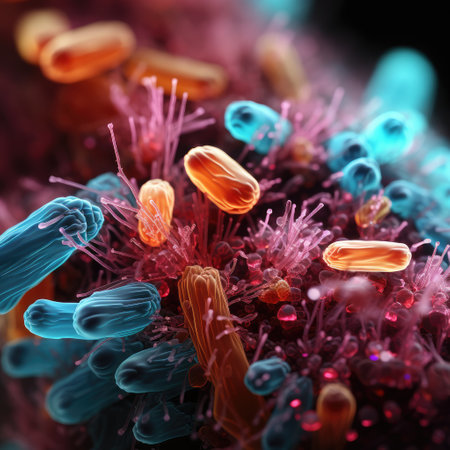Bacteria cells close-up under a microscope. Enlarged bacterial rods. Generative AI.の素材