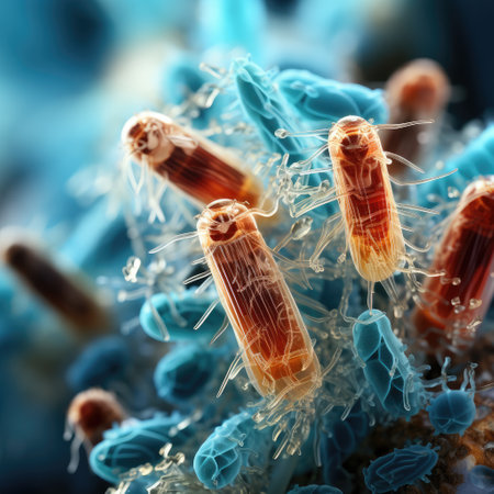 Bacteria cells close-up under a microscope. Enlarged bacterial rods. Generative AI.の素材
