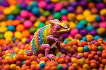 Chameleon on the background of multi-colored candy dragees. advertising banner. Generative AI.の素材