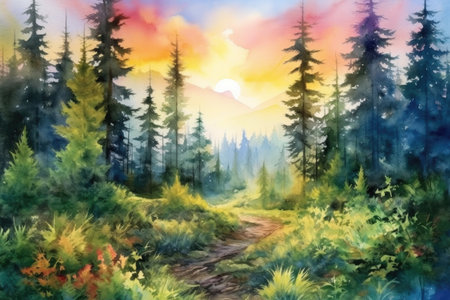 Watercolor autumn forest with yellow leaves. landscape for a postcard. Generative AI.の素材