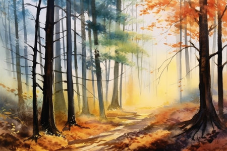 Watercolor autumn forest with yellow leaves. landscape for a postcard. Generative AI.の素材