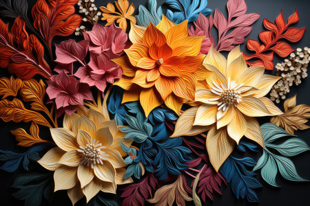 Plasticine autumn flowers and leaves. floral background. Generative AI.の素材