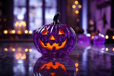 Neon purple jack o lantern. Pumpkin for Halloween. Generative AI.の素材