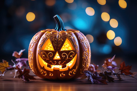 Jack-o-lantern pumpkin with carved patterns on a blue background. Halloween. Generative AI.の写真素材