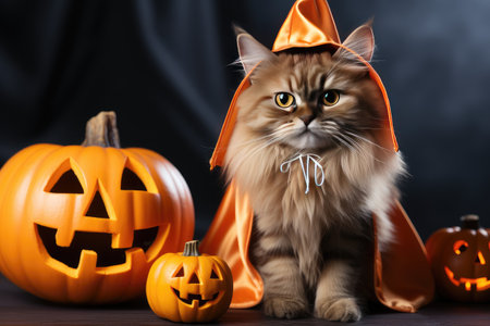 A fluffy cat in a carnival witch's hat sits by Jack's lanterns. Halloween pet. Generative AI.の素材
