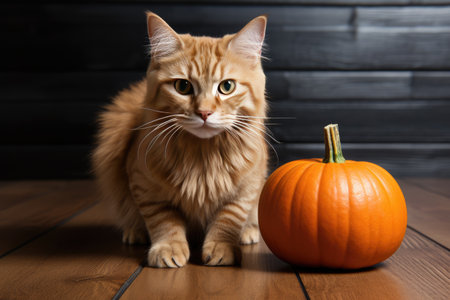 Ginger kitten with a pumpkin. Halloween at home with a pet. Cover of notebook, album. Generative AI.の素材