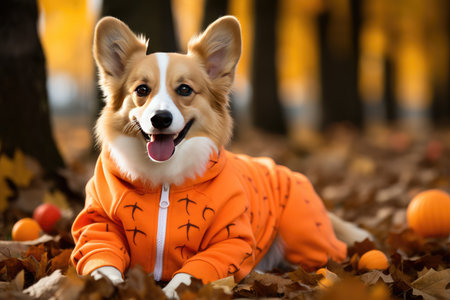 Cheerful corgi in an orange pumpkin costume. Halloween costume. Generative AI.の素材