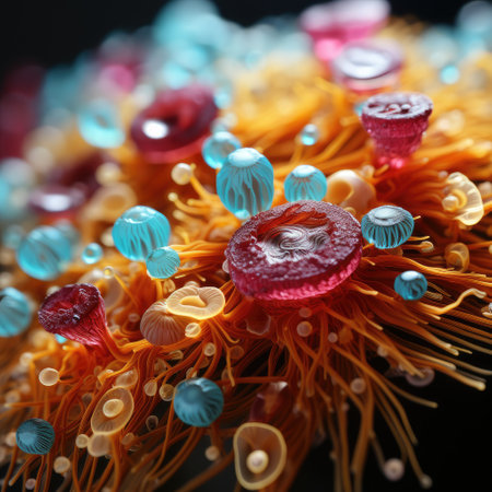 Threads of fungus and bacteria under a microscope. Microbes and intestinal microflora. Generative AI.の素材