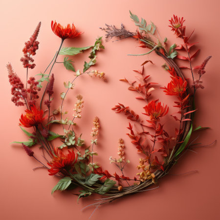 Wreath of red wild flowers on a pink background. floral decor. Generative AI.の素材