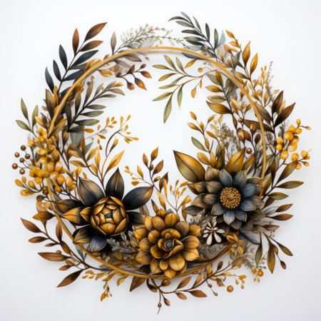 Watercolor round wreath frame of autumn foliage and blue flowers. Generative AI.の素材