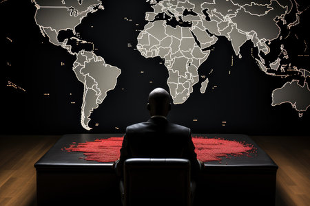 An African American in a black business suit sits at a table and looks at a world map. Generative AI.の素材