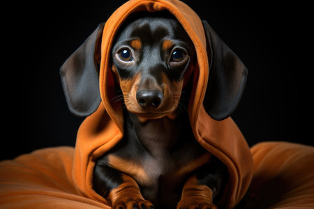 Cute dachshund puppy in an orange velvet suit. Funny pet. Generative AI.の素材