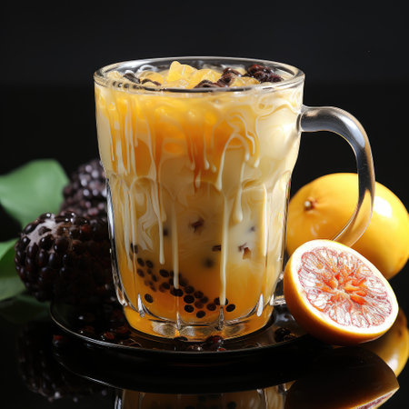 Coffee with passion fruit in a glass mug on a saucer. Exotic coffee drink. Generative AI.の素材