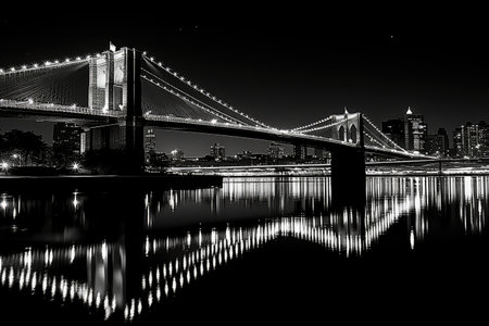 Brooklyn Bridge at night in lights. Black and white landscape of New York. Generative AI.の素材