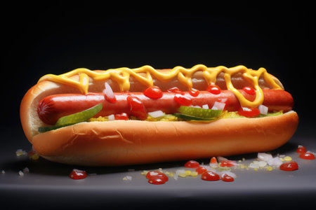 Hot dog in cartoon style. Sausage with a bun. Generative AI.の素材