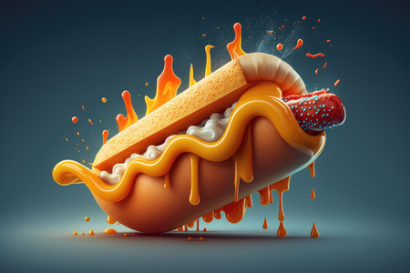 Hot dog in cartoon style. Sausage with a bun. Generative AI.の素材