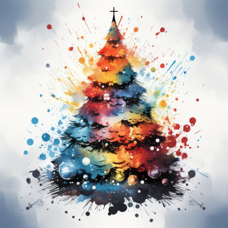 Watercolor multicolored Christmas tree with paint splashes on a white background. generative ai.の素材