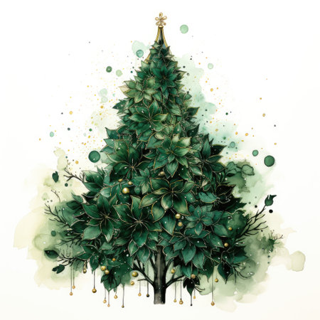 Watercolor decorative christmas tree with golden ornaments. Generative AI.の素材