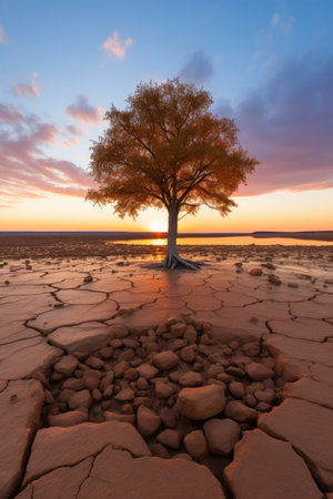 A wild tree grows in arid desert soil with cracks. Drought problem. Generative AI.の素材