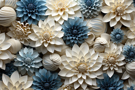 Festive background of blue and white flowers in quilling style. Floral paper cut. Generative AI.の素材