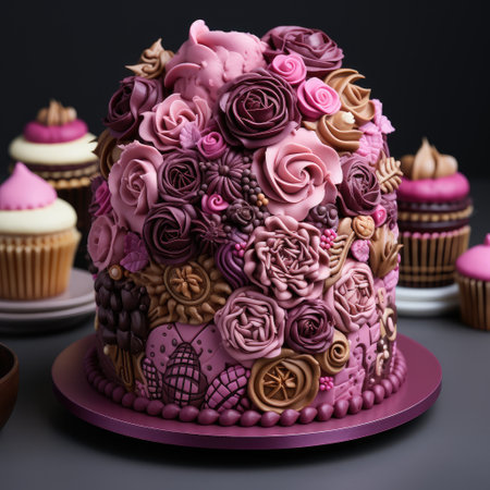 Festive wedding cake of pink, purple and lilac roses. Generative AI.の素材