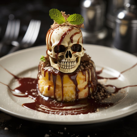 Cheesecakes decorated with a skull, mint leaves and chocolate syrup. Generative AI.の素材