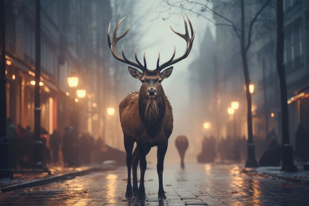 The deer walks along the street of the evening city. Destruction of the natural habitat of animals.の素材