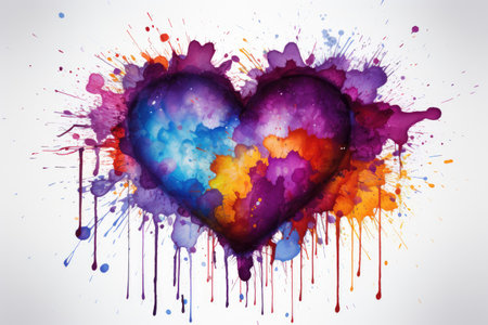Watercolor multicolored heart with paint splashes on a white background. Valentine's Day card.の素材