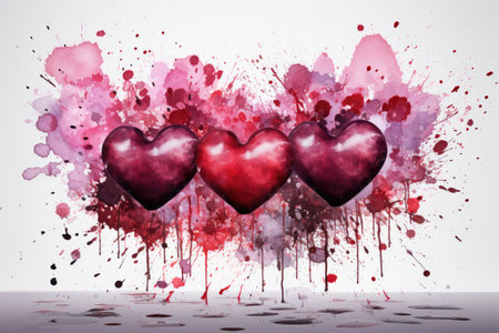Pink glossy hearts on a background of watercolor splashes, stains and drops, valentine, card.の素材