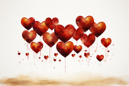 Red watercolor heart shaped balloons in white sky, valentine, wedding invitation.の素材