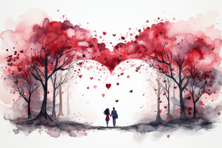 Couple in love holding hands and walking through a park with flowering trees, wedding invitation.の素材