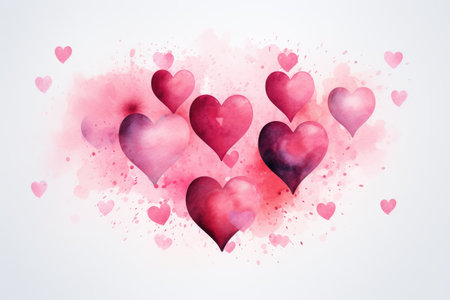 Watercolor pink hearts on a background of splashes, stains and drops of paint, Valentine's card.の素材