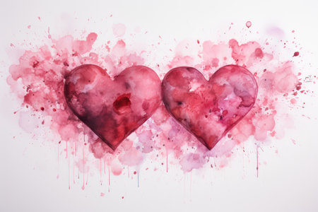 Two watercolor pink hearts on a background of splashes of paint, splashes, stains and drops.の素材