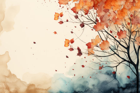 Orange maple leaves fall from the tree and fly in the sky, watercolor autumn landscape.の素材